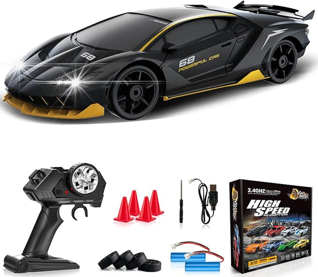 Remote Control Car RC Drift Car 2.4GHz 1:24 4WD 15KM/H High Speed Racing Sport Car with LED Lights Drifting Tire Racing Sport Toy for Adults Boys Girls Kids Gift 2Pcs Rechargeable Batteries