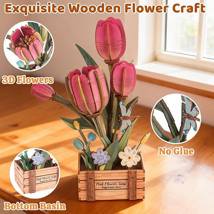 3D Wooden Flower Puzzles for Adults Pink Tulip, DIY Artificial Flower Building Set Wooden Bloom Craft Kits Home Decoration, for Women Mom Birthday Thanksgiving Christmas Valentine's Day