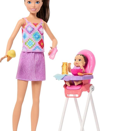 Barbie Skipper Babysitters, Inc. Playset with Brunette Doll, Brunette Toddler Doll, High Chair & 8 Accessories Including Food