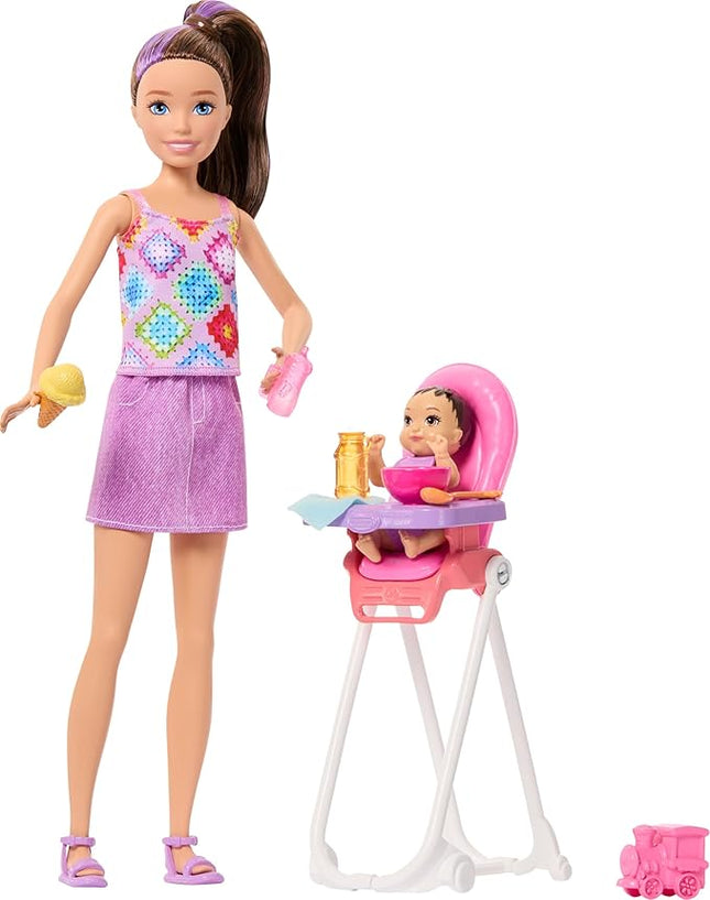 Barbie Skipper Babysitters, Inc. Playset with Brunette Doll, Brunette Toddler Doll, High Chair & 8 Accessories Including Food