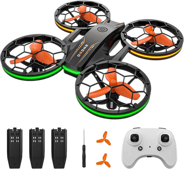 Drones for Kids - RC Drone with Auto Hovering and Headless Mode, Quadcopter with LED Light, Propeller Full Protect, 3D Flips, 3 Batteries, Remote Control, Best Toys Gifts