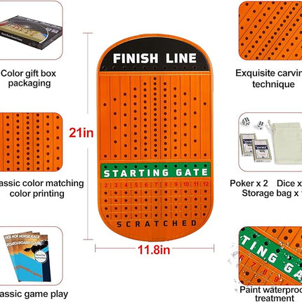 Large 21 inches Horse Racing Board Game with 11 Luxury Metal Horses, Thickened Wood Finish Line, Race Game Including Dices and Cards (Red Peach, Oval)