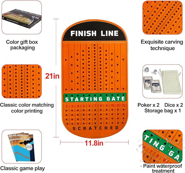 Large 21 inches Horse Racing Board Game with 11 Luxury Metal Horses, Thickened Wood Finish Line, Race Game Including Dices and Cards (Red Peach, Oval)