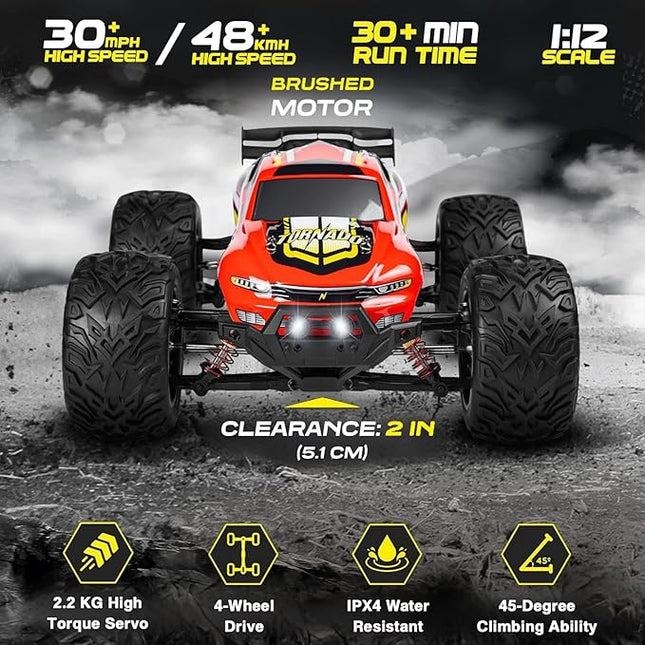 1:12 RC Cars, Large Waterproof 4x4 Monster Truck, High-Speed 48km/h All-Terrain Remote Control Car with 2 Batteries for 30+ Min Play, Ideal Gift for Adults or Hobbyists