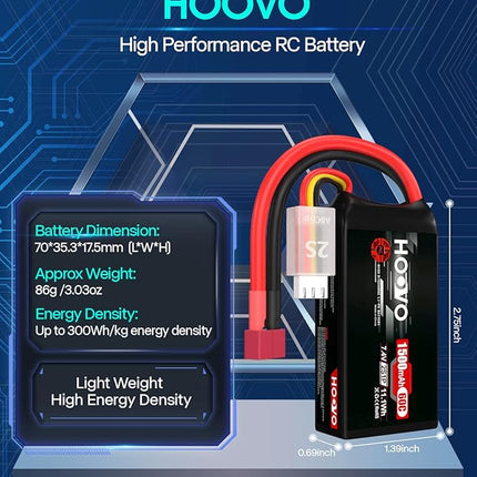 HOOVO 2S 7.4V 1500mAh 60C RC Lipo Battery Pack with T Connector for RC Boat Truck RC Helicopter Airplane Quadcopter UAV Drone FPV Racing Hobby Models(2 Packs)