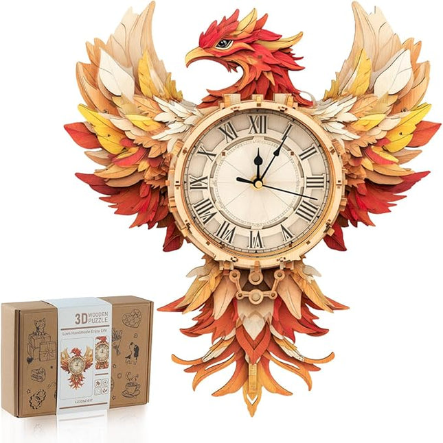 3D Wooden Puzzles for Adults, 3D Puzzle Phoenix Clock (with Pendulum), 3D Puzzles for Adults Teens Home Decor Clock Crafts for Adult Puzzle Gifts for Adult