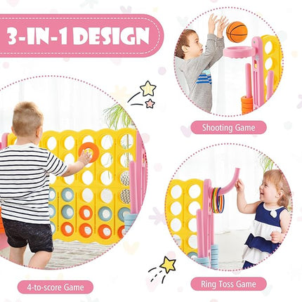 Costzon Giant 4-in-A-Row, Jumbo 4-to-Score Giant Game w/Basketball Hoop, Ring Toss, Quick-Release Slider, 42 Jumbo Rings, Indoor Outdoor Family Connect Game for Kids & Adults, Backyard Games