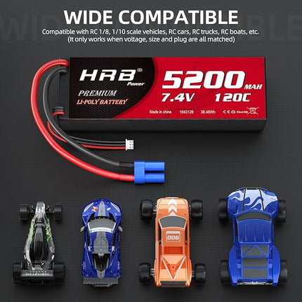 HRB 2packs 2S 5200mAh Lipo Battery with EC5 Plug 7.4V 120C Hardcase RC Lipo Battery Compatible with RC Car Airplane Helicopter Truck Boat