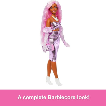 Barbie Deluxe Style Doll #1 in Barbiecore Outfit, Pink Hair and Glossy Pink Dress with Accessories Like Velvet Gloves, Money Purse, and More