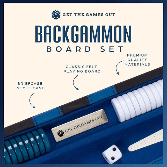 Get The Games Out Top Backgammon Set - Small Travel Size Classic Board Game Case - Best Strategy & Tip Guide (Blue, Small)