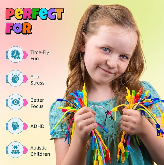 UpBrands 48 Fidget Toys Friendship Zipper Bracelets 7 ½”, Party Favors for Kids, Sensory Bulk Set Neon Colors, Kit for Valentines, Birthday, Goodie Bag, Easter Egg Basket Stuffers, Pinata Fillers