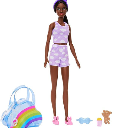 Barbie Clothes & Accessories, Deluxe Keychain Rainbow Bag with Pajamas & Slumber Party-Themed Accessories for Fashion Dolls Like Slippers