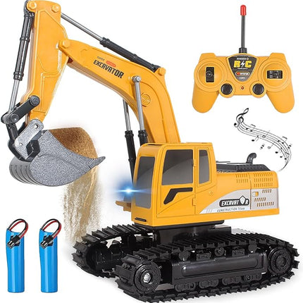 Remote Control Excavator Toys for Boys, RC Excavator Toy for Boys 3 4 5 6 7 8 Year Old Kids Christmas Birthday Gift，RC Digger Truck Construction Vehicles with Metal Shovel & Light