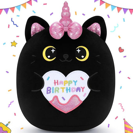 Happy Birthday Gift Black Unicorn Cat Plush Toys-11'' Black Cat Plushies Anime Plush-Kawaii Plushie Toy Stuffed Animals Cute Plushies, Black Unicorn Cat Plush Pillow Birthday Gifts for Kids