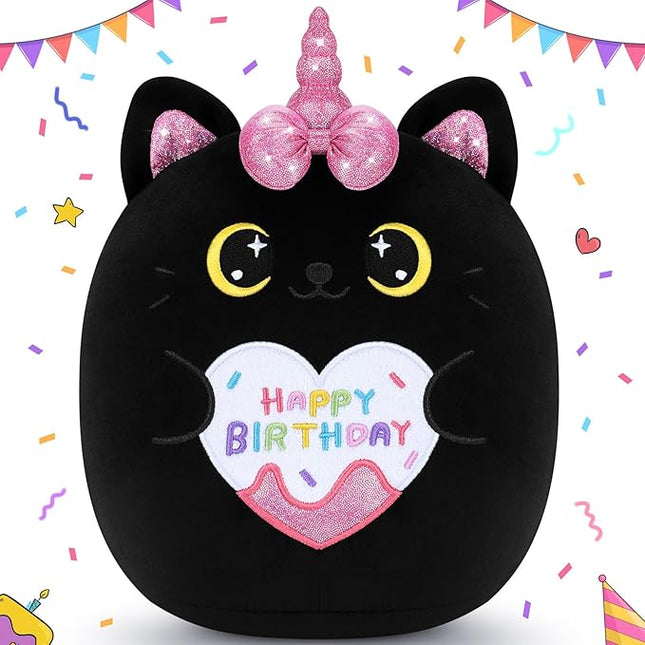 Happy Birthday Gift Black Unicorn Cat Plush Toys-11'' Black Cat Plushies Anime Plush-Kawaii Plushie Toy Stuffed Animals Cute Plushies, Black Unicorn Cat Plush Pillow Birthday Gifts for Kids
