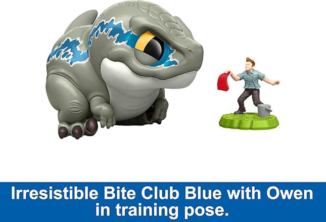 Mattel Jurassic World Bite Club Dinosaur Action Figure & Accessory, Velociraptor 'Blue' Chubby-Stylized Toy Dino Collectible