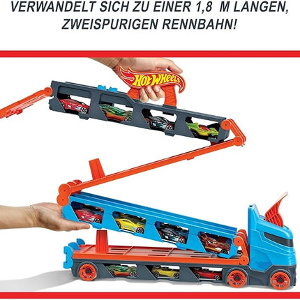 Hot Wheels - Speedway Hauler Storage Carrier with 3 1:64 Scale Cars & Convertible 6-Foot Drag Race Track for Kids 4 to 8 Years Old, Stores 20+ Cars & Connects to Other Playsets, HGH33