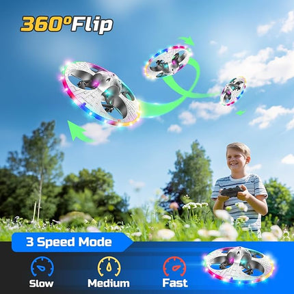 Foam UFO Drone for Kids – RC Plane with Colorful LED Lights, Remote Control Helicopter with Auto Hover, 2 Batteries (15 Mins Flight)