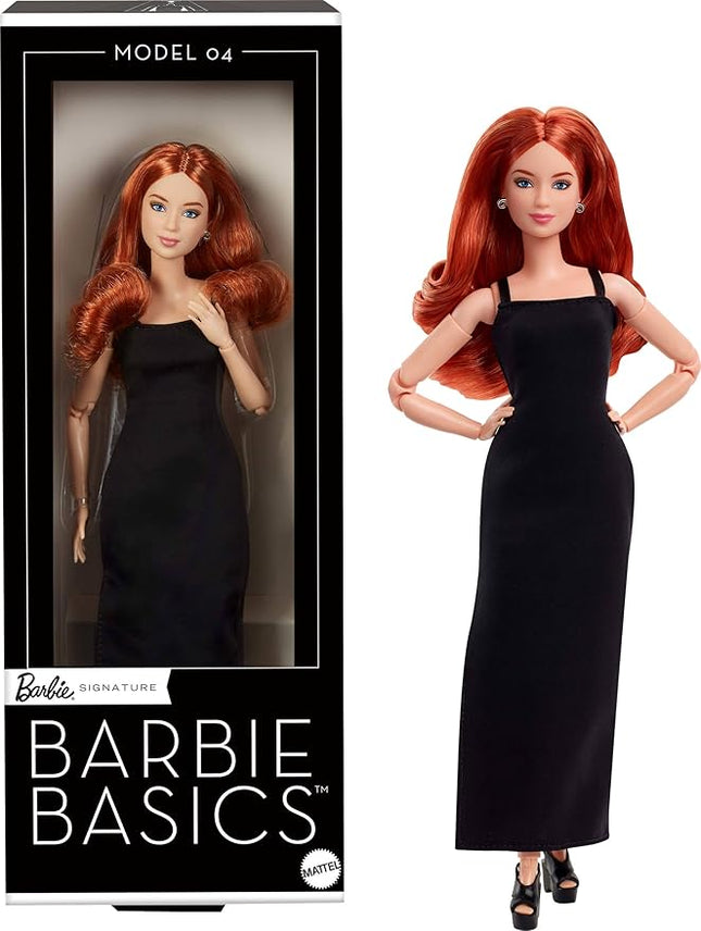 Barbie Basics Model 04 Collector Doll with Red Curly Hair, Black Mini Dress & platform shoes, Universal-fit Fashions, Posable Petite Body & Swappable Doll Head