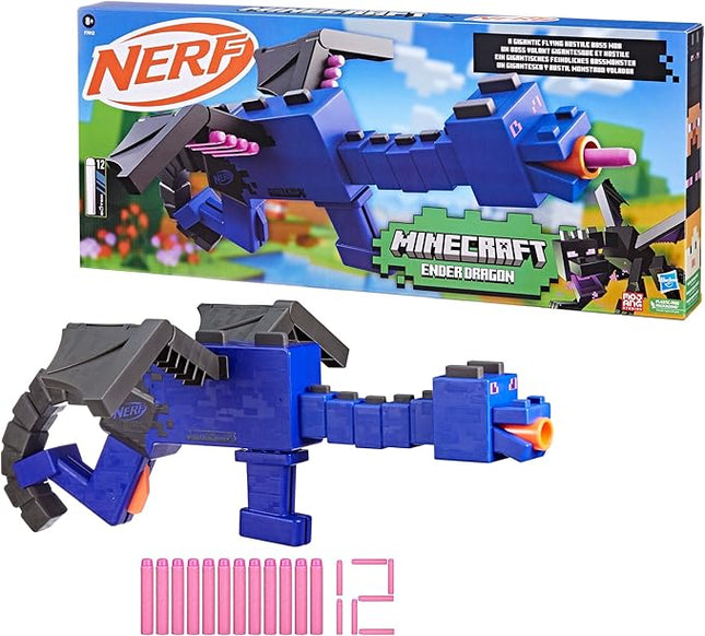 Nerf Minecraft Ender Dragon Blaster, 4-Dart Internal Clip, 12 Nerf Elite Foam Darts, Design Inspired by Minecraft Mob in the Game