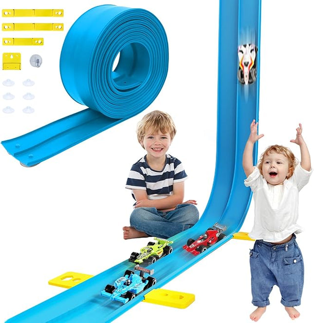 Ancaixin Flexible Race Track 17Ft Toys for Kids, Car Track with 4 Small Racecars Compatible with Hot Wheels and Diecast 1/64th Cars, Rolls Up Portable Racetrack, Birthday Gifts for Boys Girls Ages 3+