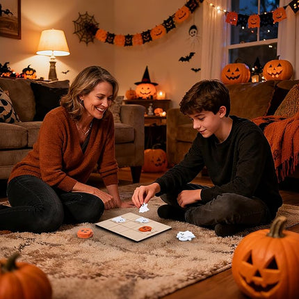 12Pcs Halloween Tic Tac Toe Board Game, Mini Wooden Tic Tac Toe Strategic Board Game with Cute Pumpkin, Ghost Pieces and Cards for Non Candy Halloween Treats Gift Party Prizes Family Activities