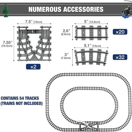 Classic City Train Tracks, 54 Pieces Railroad Track with 32 Curved, 20 Straight and 2 Switch Train Tracks, Train Expansion Accessories Compatible with All Major Train Tracks