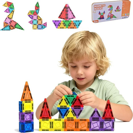 26PCS Mini Magnetic Tiles Building Blocks Set with Portable Iron Case, STEM Travel Toys for Kids Ages 3+, Educational Magnet Construction Puzzles for Boys and Girls,Toddler Puzzle Birthday Gift Toys