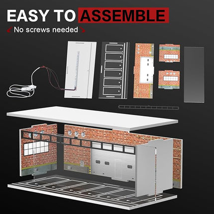 1/64 Scale Diecast Display Case for Hot Wheels Matchbox Cars, Toy Car Model Mini Garage with LED Light and Acrylic Cover, Stackable Parking Lot Diorama Storage for Collection Present