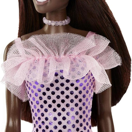 Barbie® Doll, Kids Toys, Dark Brown Hair, Pink Metallic Dress, Trendy Clothes and Accessories, Gifts for Kids