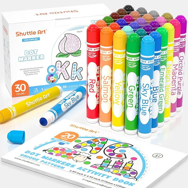 Shuttle Art Dot Markers, 30 Colors Washable for Toddlers with Free Activity Book, Bingo Daubers Supplies for Kids Preschool Children, Non Toxic Water-Based Dot Art Markers