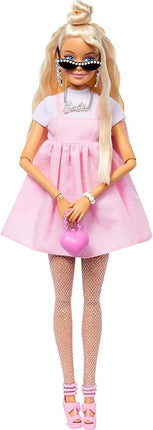 Barbie Deluxe Style Doll #3 in Barbiecore Outfit, Blond Hair in Top Knot, Pink Pastel Dress with Oversized Bow and Accessories Like Mesh Tights