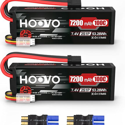 HOOVO 2S Lipo Battery 7.4V 7200mAh 100C RC Lipo Battery Pack Hard Case with TR Plug Compatible with 1/8 and 1/10 RC Truck Vehicles RC Car Truggy Buggy Racing Models-2 Pack