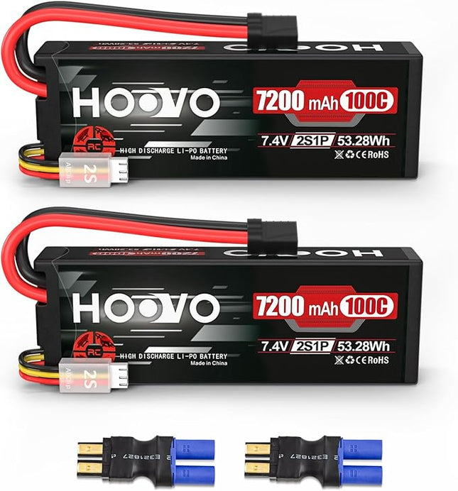 HOOVO 2S Lipo Battery 7.4V 7200mAh 100C RC Lipo Battery Pack Hard Case with TR Plug Compatible with 1/8 and 1/10 RC Truck Vehicles RC Car Truggy Buggy Racing Models-2 Pack