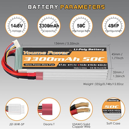 Lipo 4S Battery,14.8v 3300mAh Lipo Battery Pack 50C with T Plug for RC Helicopter Airplane Boat Quadcopter (2 Packs)