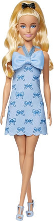 Barbie Fashionistas Doll #237 with Wavy Blonde Ponytail Wearing Blue Bow Halter Dress, Black Hair Bow Accessory and Matching Blue Heels