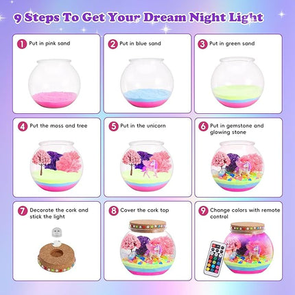 Unicorn Light-Up Terrarium Kit for Kids - Multicolor LED Night Light Birthday Gifts - Unicorn Toys for Girls Ages 4-6 7 8 9 10 Year Old - Kids Arts and Crafts Kit