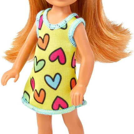 Barbie Chelsea Small Doll in Yellow Heart-Print Dress & Sneakers with Blonde Ponytail & Blue Eyes