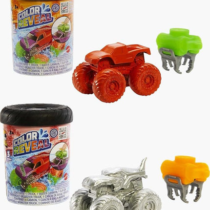 Hot Wheels Monster Trucks Color Reveal 2-Pack & Clip-On Water Tank, 2 Toy Trucks with Surprise Color Change (Styles May Vary)