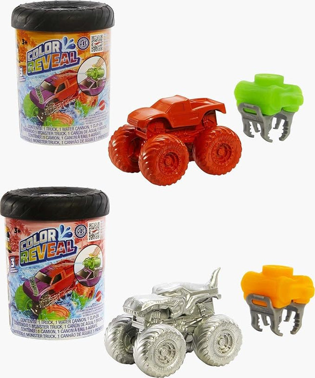 Hot Wheels Monster Trucks Color Reveal 2-Pack & Clip-On Water Tank, 2 Toy Trucks with Surprise Color Change (Styles May Vary)