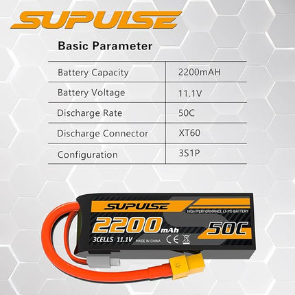 SUPULSE 11.1V 3S Lipo Battery 50C 2200mAh Soft Case Battery with T Plug and XT60 Plug for RC Airplane Helicopter RC Boat RC Car Truck(2 Packs)