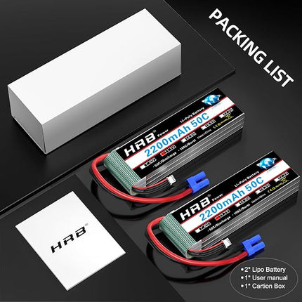 HRB 2pcs 3S 2200mAh Lipo Battery EC3 50C Shorty 11.1V RC Lipo Battery Compatible with RC Car RC Airplane RC Truck RC Boat