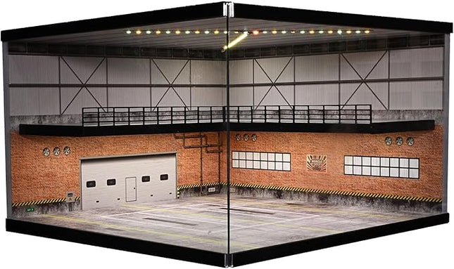 1/64 Model Car Display Case,Fits for 1/64 Hot Wheels Diecast Model Car,Diorama Double Decker Car Showroom Garage Model with Dimmable LED Lighting City Car Parking Lot Scene Model Collection (C)