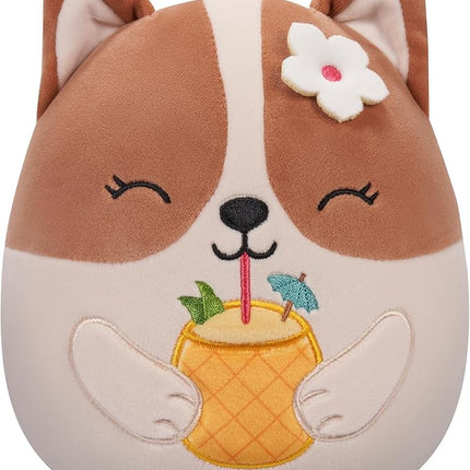Squishmallows Original 7.5-Inch - Regina The Brown and White Corgi with Pineapple Drink and Flower