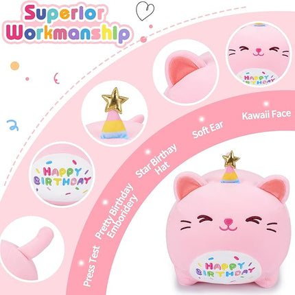 Auspicious beginning Pink Birthday Cat Plush Stuffed Animals-Gifts for Girlfriend, 16'' Pink Plush Pillow, Kawaii Plushies Kitten Body Pillow Cat Plushie, Kitten Plush Pillow Kids