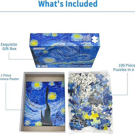 100 Piece Puzzles for Kids Starry Night 100 Piece Puzzle Famous Oil Painting Puzzles for Adults 100 Pieces Classic Art Puzzles by Vincent Van Gogh Puzzle for Kids Ages 6-10 Senior Gift