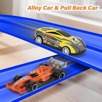 KETIEE Flex Tracks 16Ft for Kids: Flexible Race Car Ramp Track with 4 Small Racecars and 8 Suction Cups Compatible with Hot Wheels and Diecast 1/64th Cars, Rolls Up Portable Racetrack for Ages 3 & Up