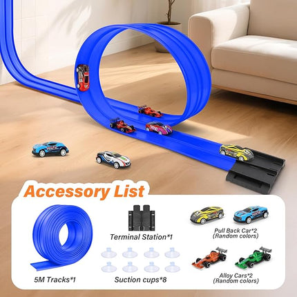KETIEE Flex Tracks 16Ft for Kids: Flexible Race Car Ramp Track with 4 Small Racecars and 8 Suction Cups Compatible with Hot Wheels and Diecast 1/64th Cars, Rolls Up Portable Racetrack for Ages 3 & Up