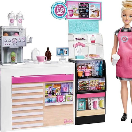 Barbie Coffee Shop with Doll and 20+ Realistic Play Pieces: Coffee Shop, Coffee-Smoothie Maker, Milk, Syrup, Snacks & More; for Ages 3 Years Old & Up - GMW03