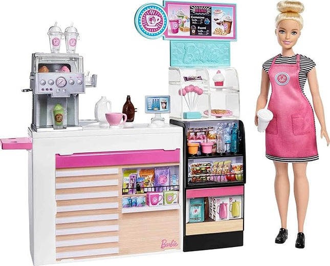 Barbie Coffee Shop with Doll and 20+ Realistic Play Pieces: Coffee Shop, Coffee-Smoothie Maker, Milk, Syrup, Snacks & More; for Ages 3 Years Old & Up - GMW03